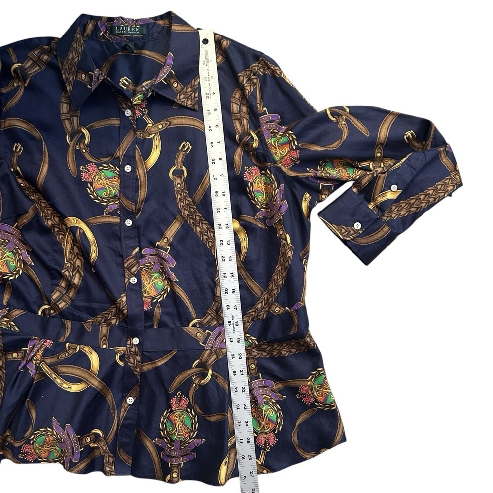 Lauren RALPH LAUREN Equestrian Print Top sz 16W Blue Long Sleeve Peplum Cotton - Picture 5 of 10